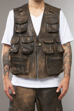 GILET MULTI TASCA PELLE MARRONE EFFETTO VINTAGE - lab22shop