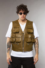 GILET MULTITASCHE VERDE OLIVA IN PELLE - lab22shop