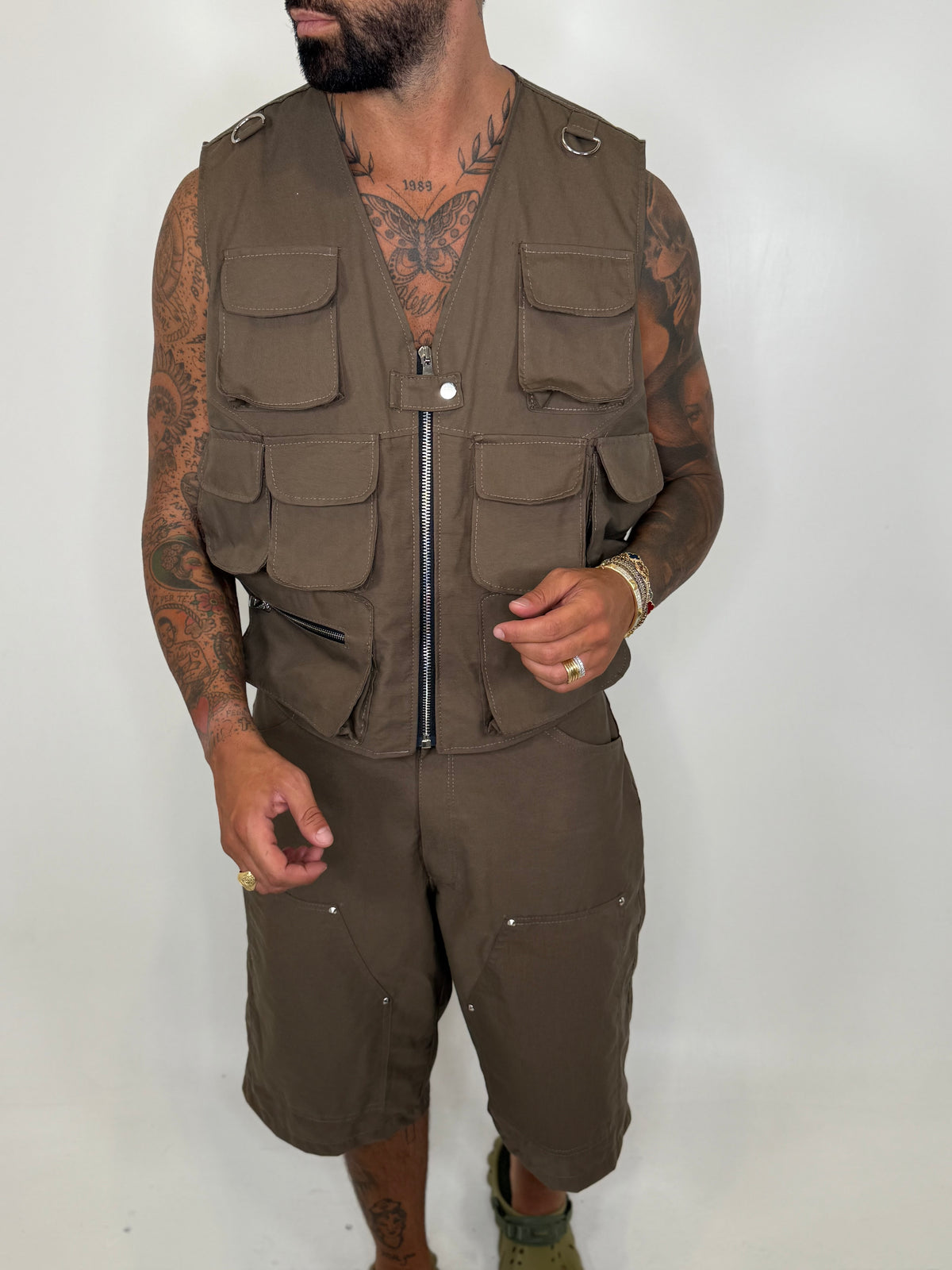 GILET MULTITASCHE COTONE MARRONE - lab22shop