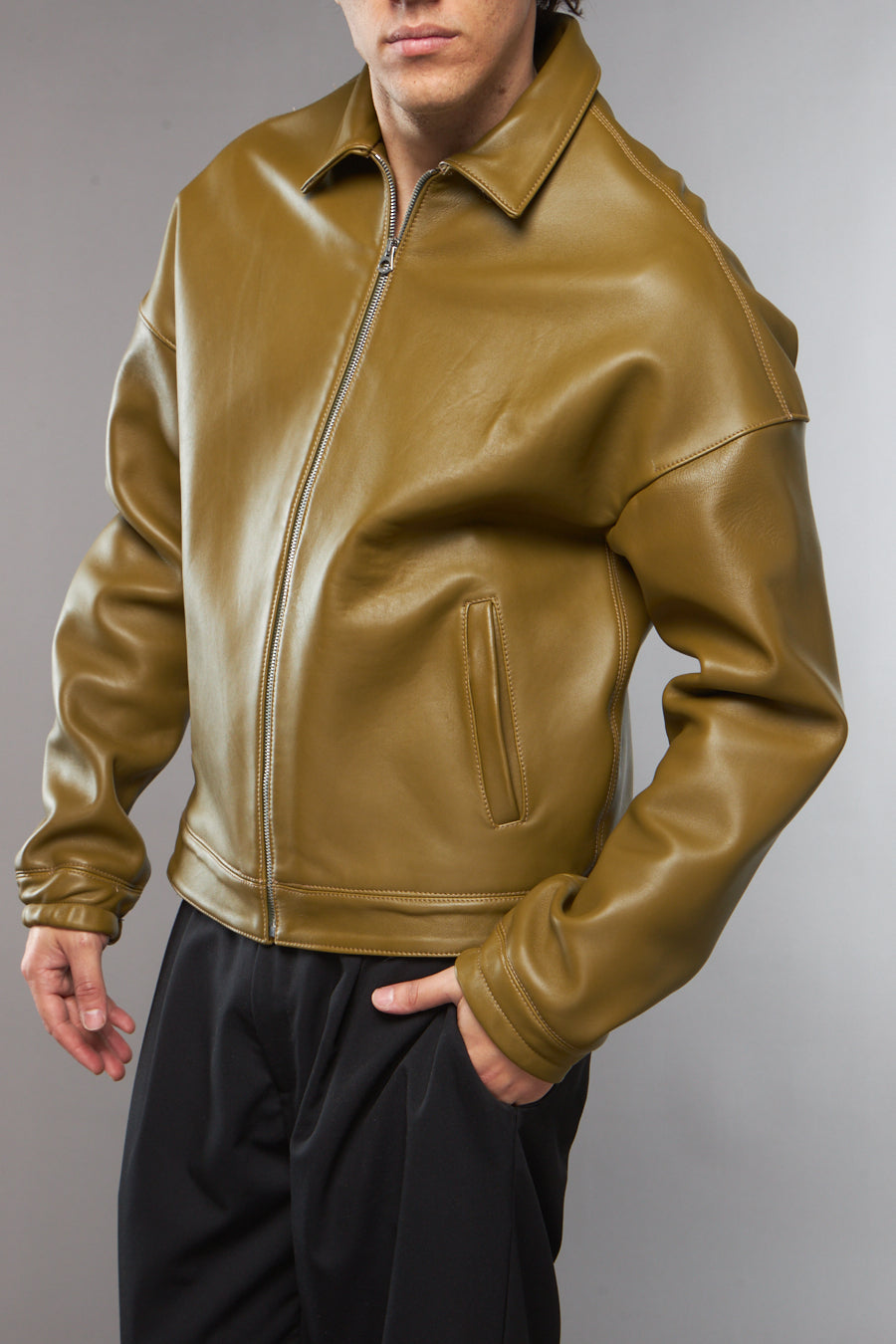 BLAZER IN PELLE VERDE OLIVA - lab22shop