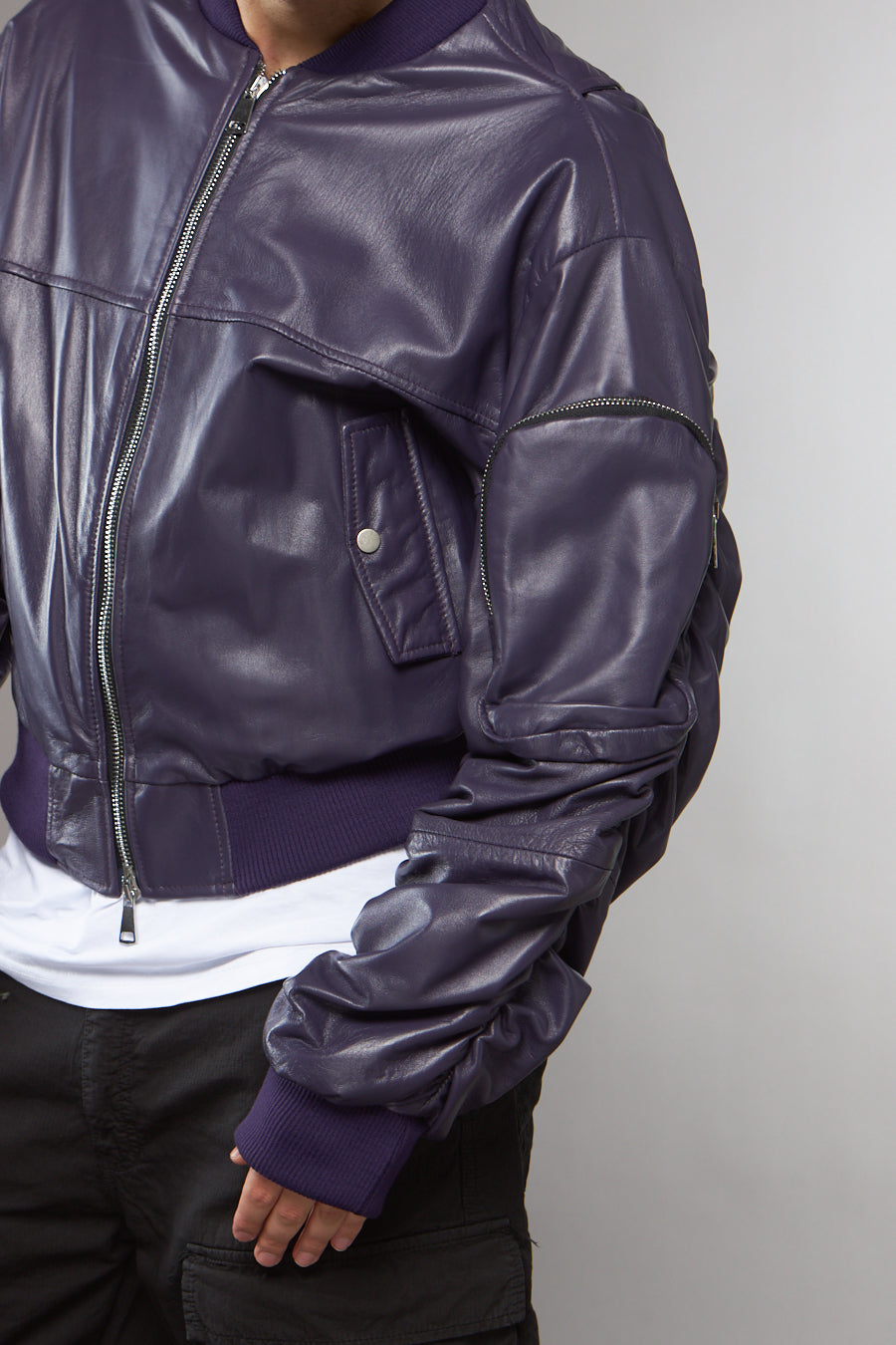 BOMBER OVERSIZE MANICA A RICCIO CROPPED COLOR MELANZANA - lab22shop