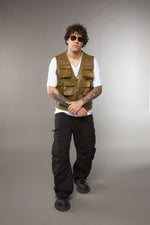 GILET MULTITASCHE VERDE OLIVA IN PELLE - lab22shop