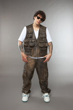 GILET MULTI TASCA PELLE MARRONE EFFETTO VINTAGE - lab22shop