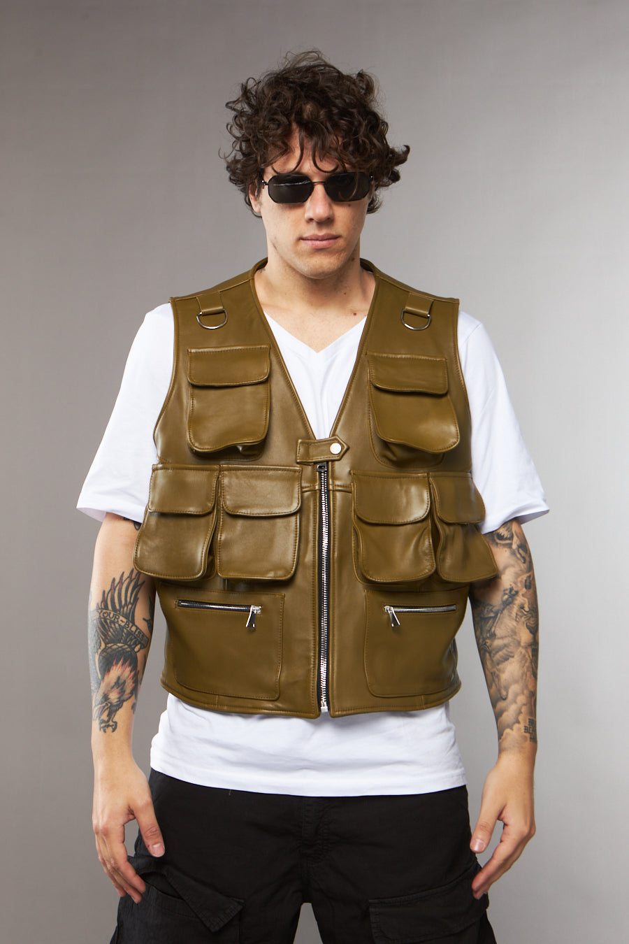 GILET MULTITASCHE VERDE OLIVA IN PELLE - lab22shop