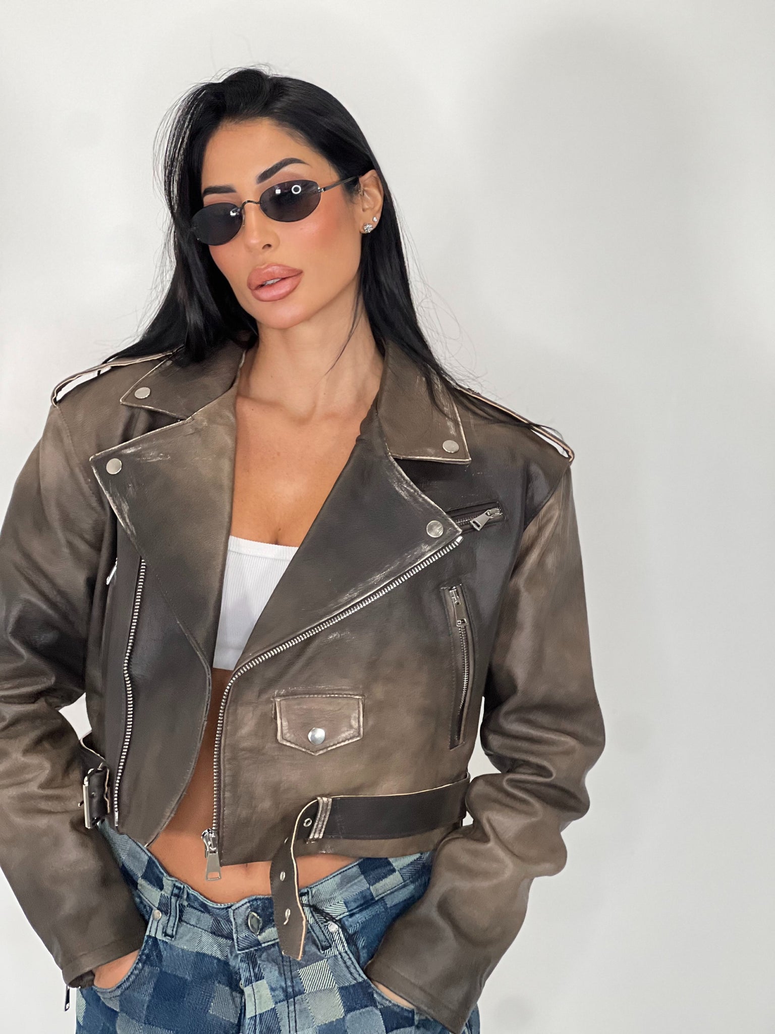 Chiodo in pelle Crop Fit marrone