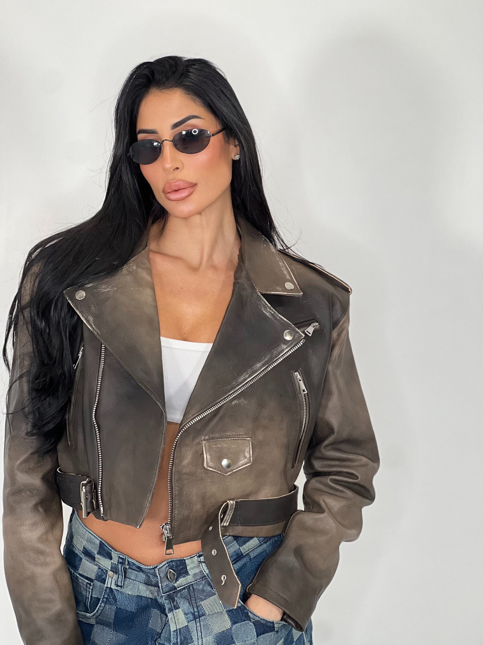 Chiodo in pelle Crop Fit marrone