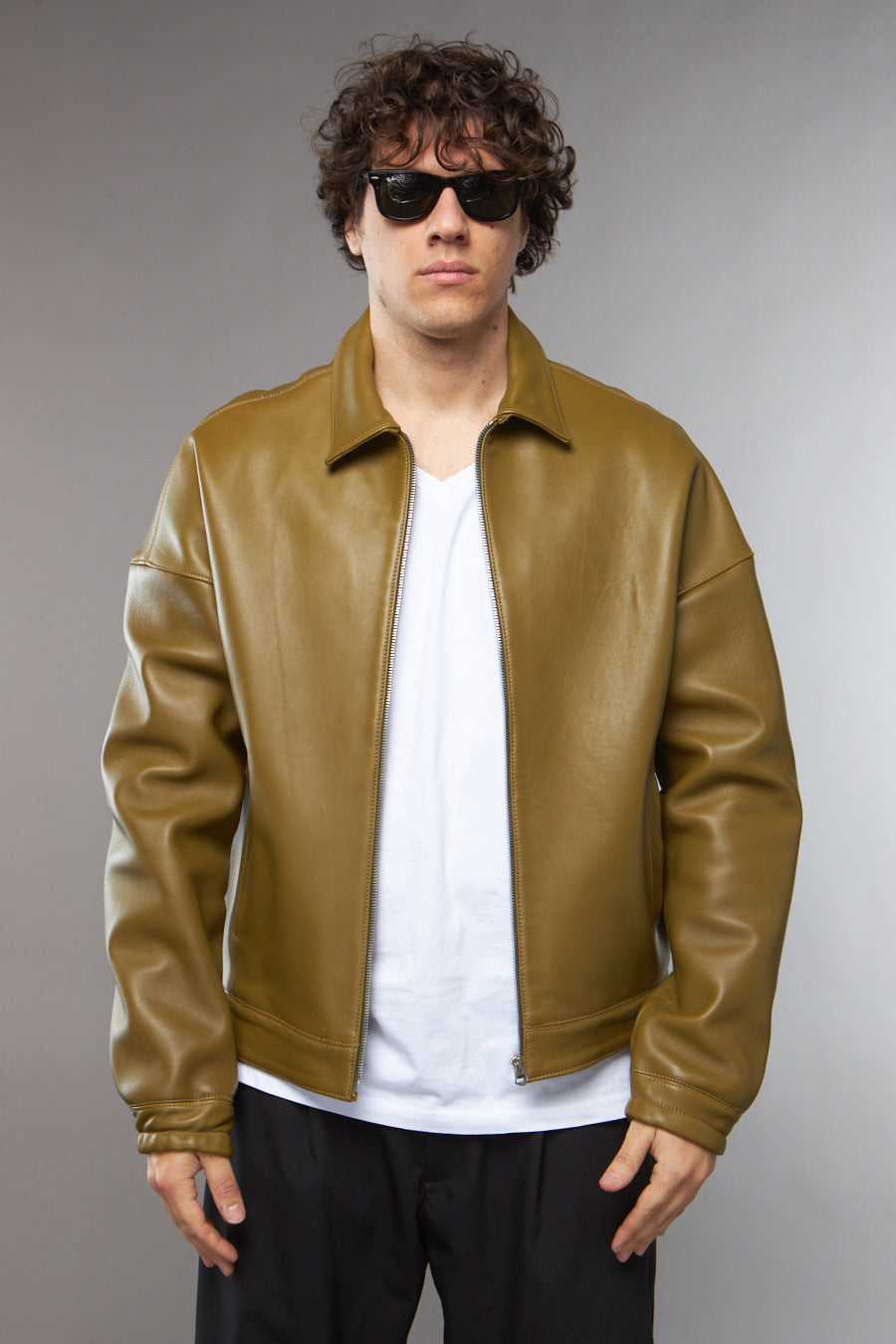 BLAZER IN PELLE VERDE OLIVA - lab22shop