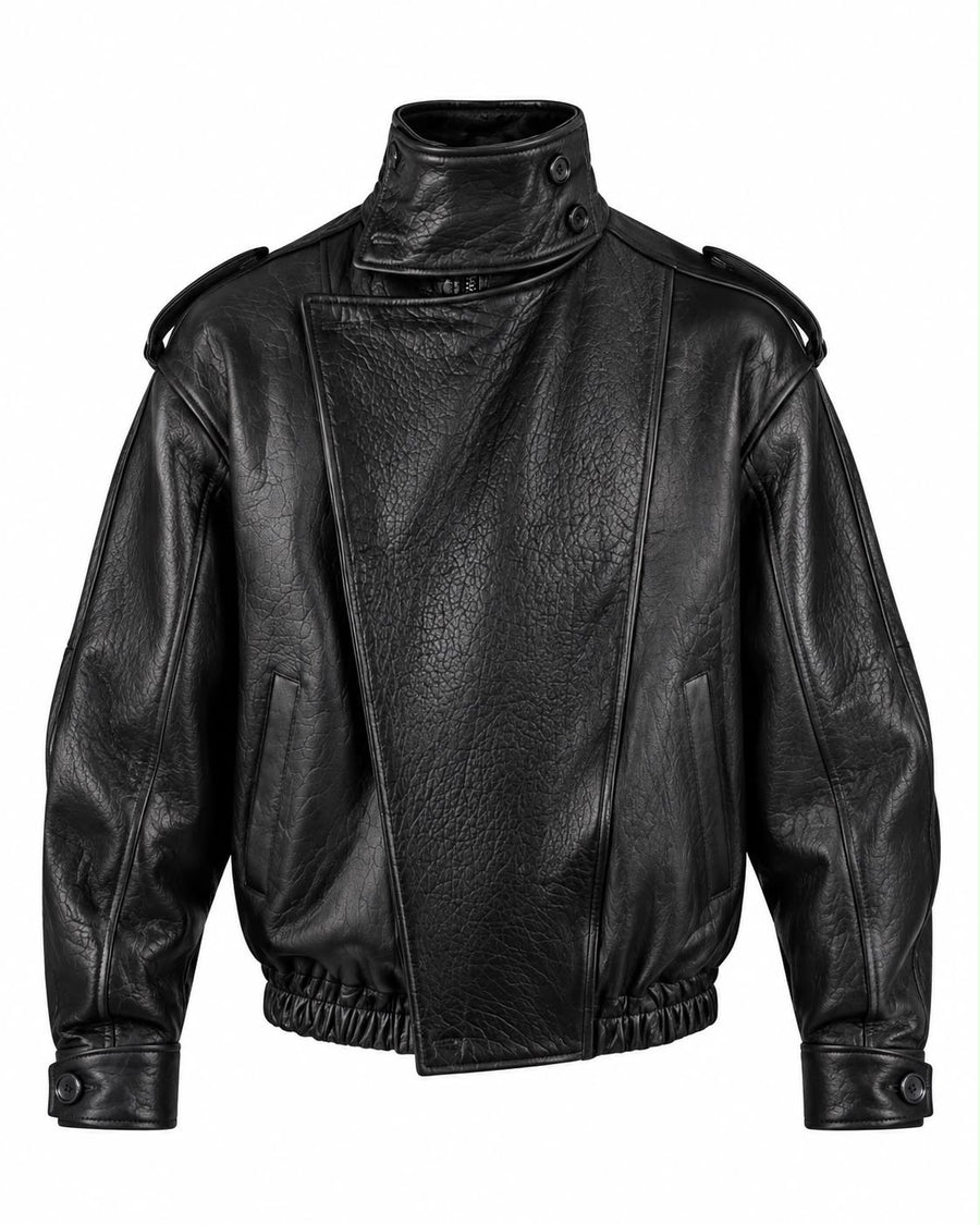 BIKER COLLO ALTO IN PELLE MARTELLATA