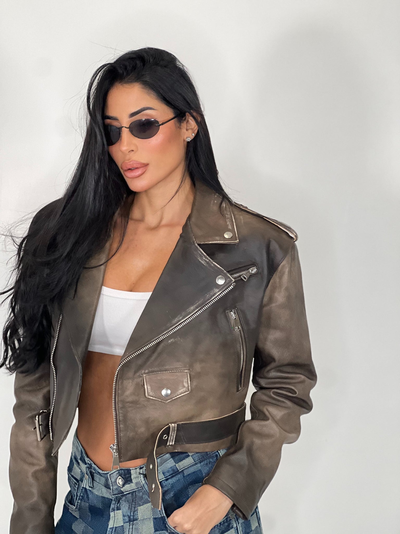 Chiodo in pelle Crop Fit marrone