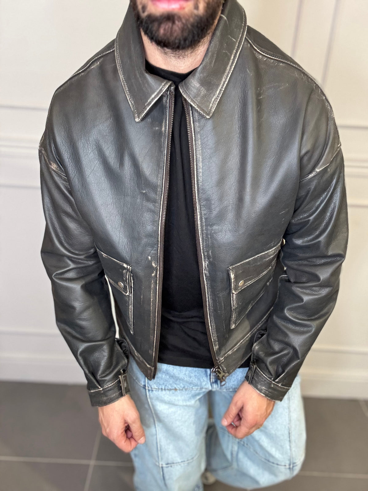 LEATHER CROPPED JACKET - lab22shop