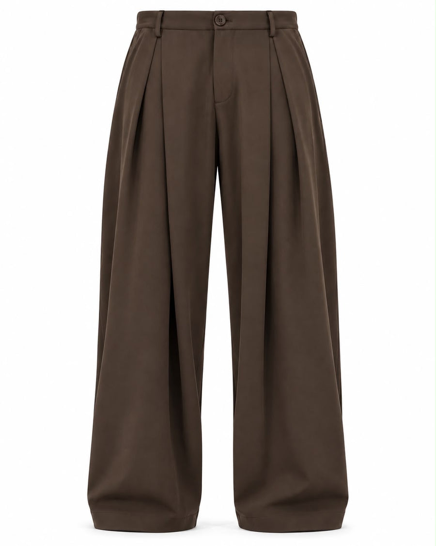 PANTALONE FONDO AMPIO CON PINCES - MARRONE