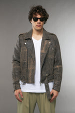 CHIODO CROPPED CON SOFFIETTO PELLE SCREPOLATA MARRONE - lab22shop