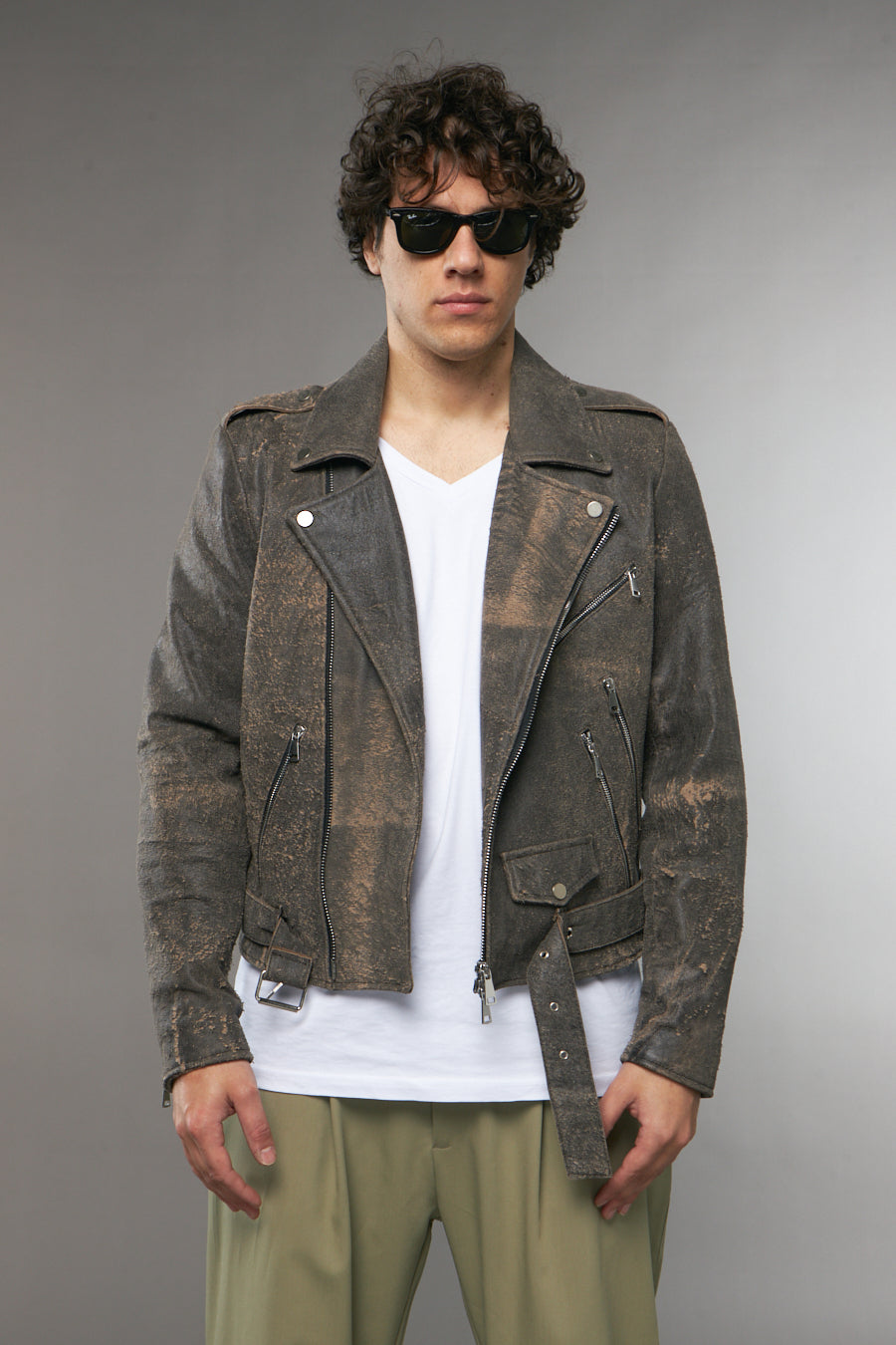 CHIODO CROPPED CON SOFFIETTO PELLE SCREPOLATA MARRONE - lab22shop