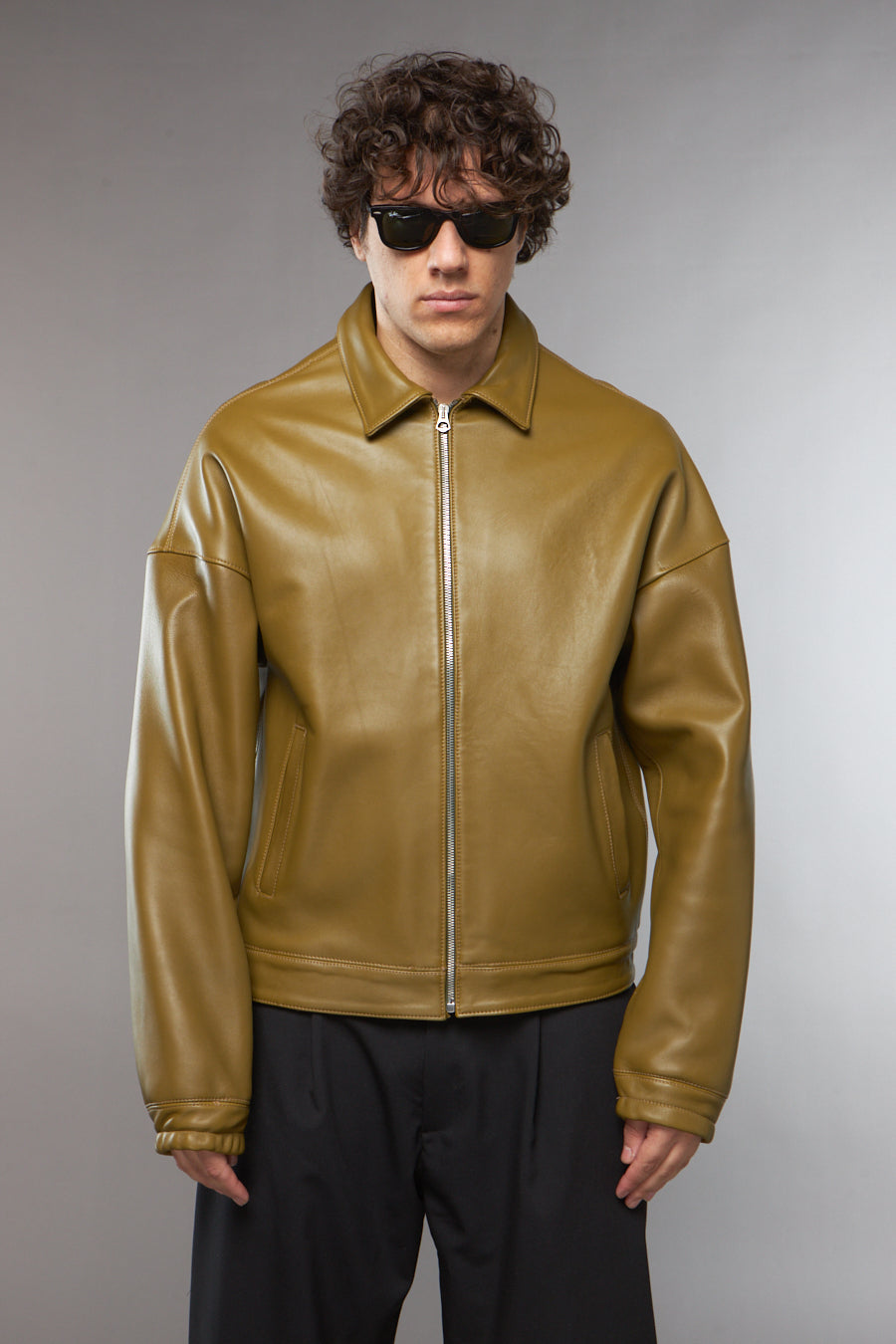 BLAZER IN PELLE VERDE OLIVA - lab22shop