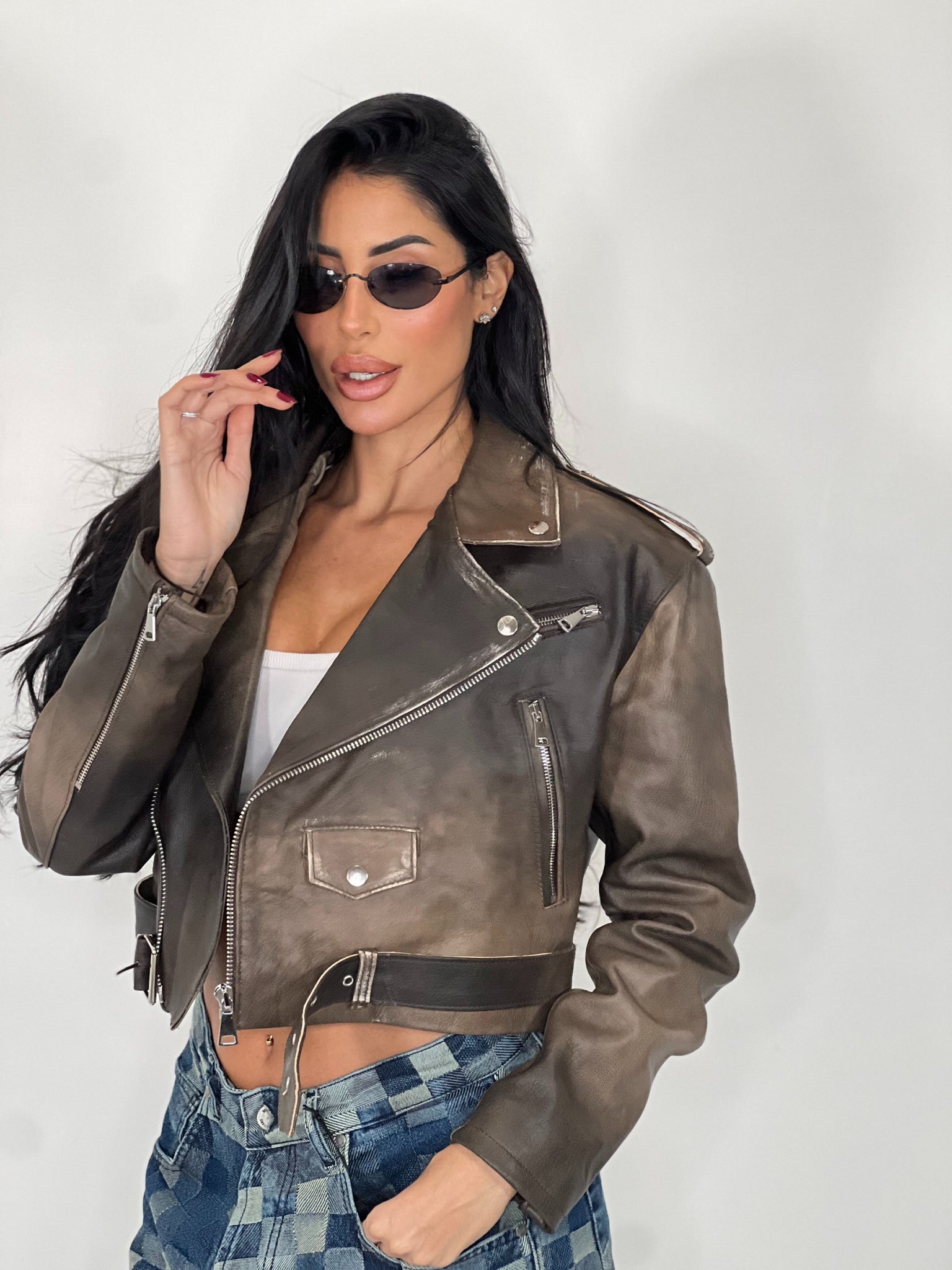 Chiodo in pelle Crop Fit marrone