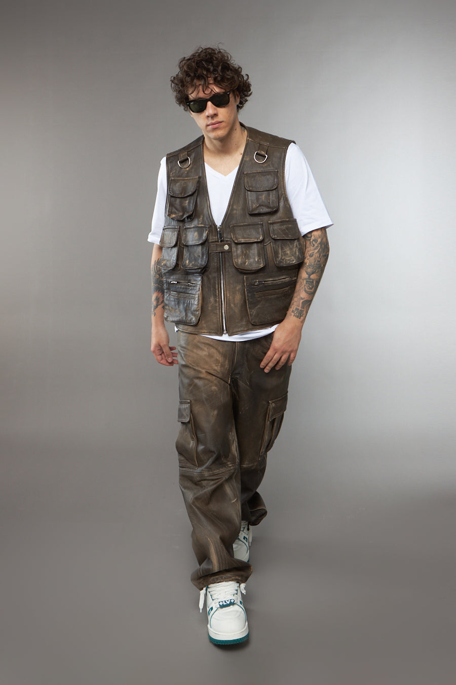 GILET MULTI TASCA PELLE MARRONE EFFETTO VINTAGE - lab22shop