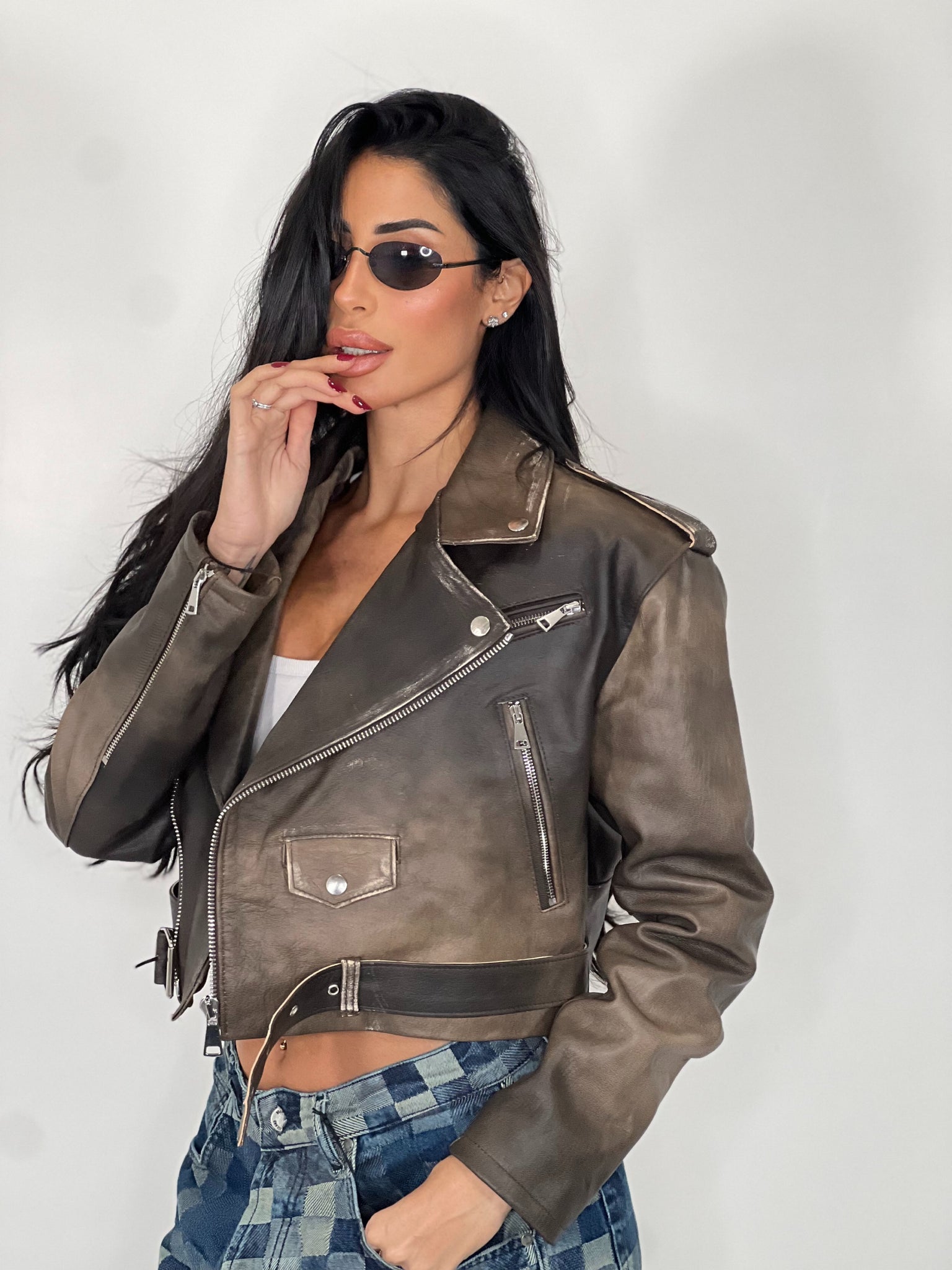 Chiodo in pelle Crop Fit marrone