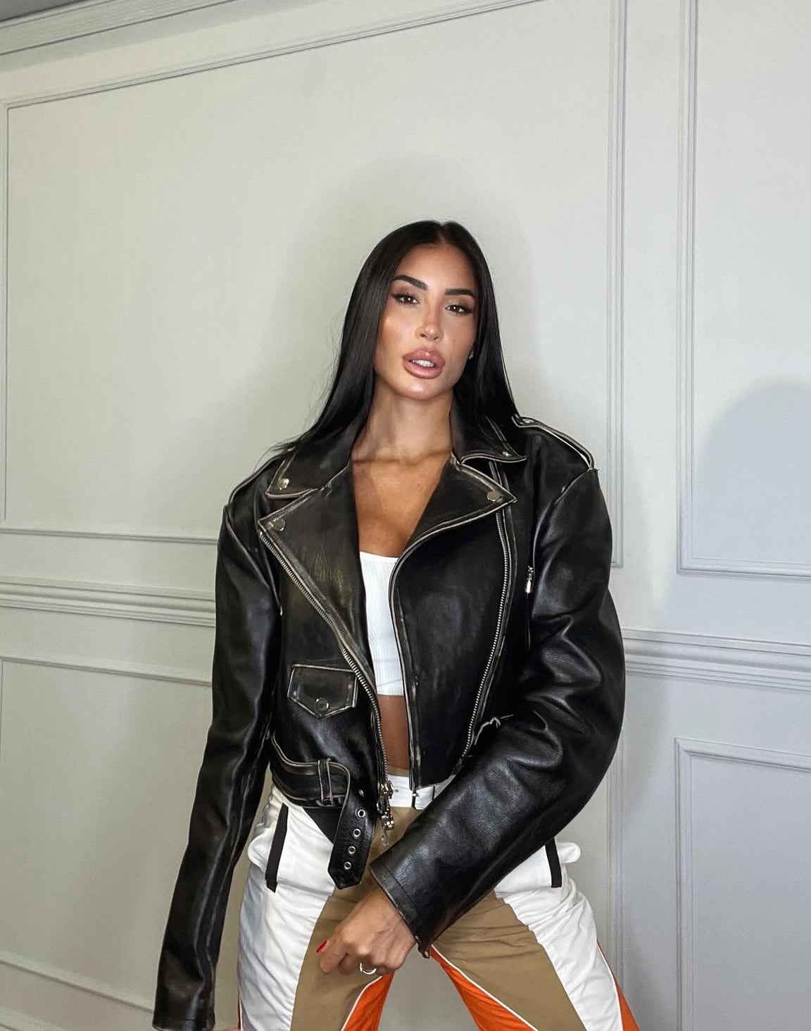 Giacca in pelle spalline over crop