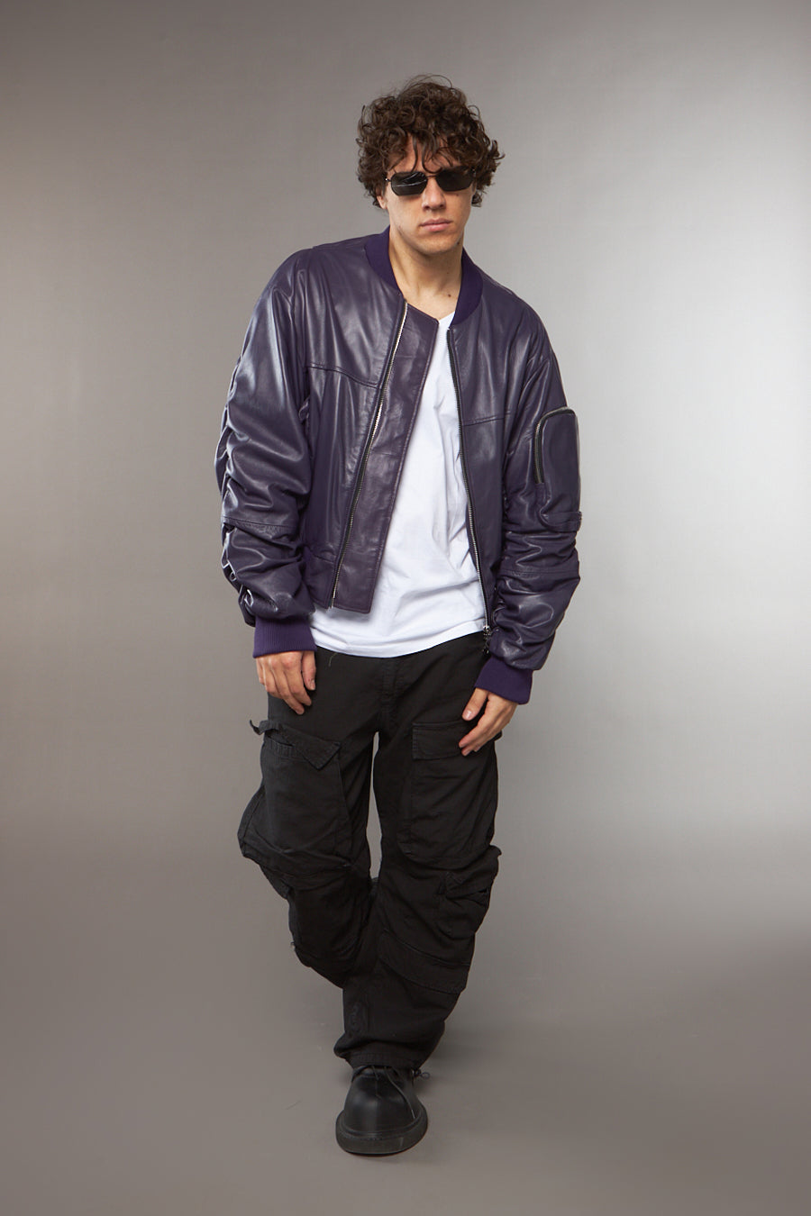 BOMBER OVERSIZE MANICA A RICCIO CROPPED COLOR MELANZANA - lab22shop