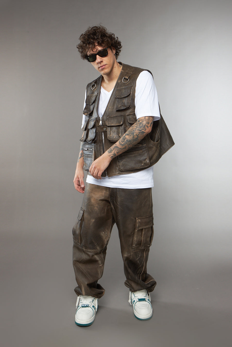 GILET MULTI TASCA PELLE MARRONE EFFETTO VINTAGE - lab22shop