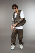 GILET MULTI TASCA PELLE MARRONE EFFETTO VINTAGE - lab22shop
