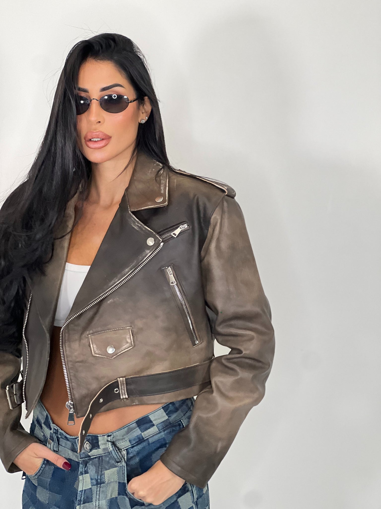 Chiodo in pelle Crop Fit marrone