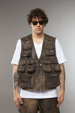 GILET MULTI TASCA PELLE MARRONE EFFETTO VINTAGE - lab22shop