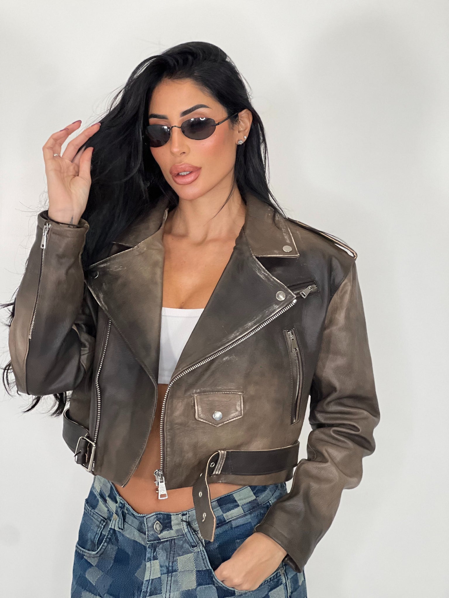 Chiodo in pelle Crop Fit marrone