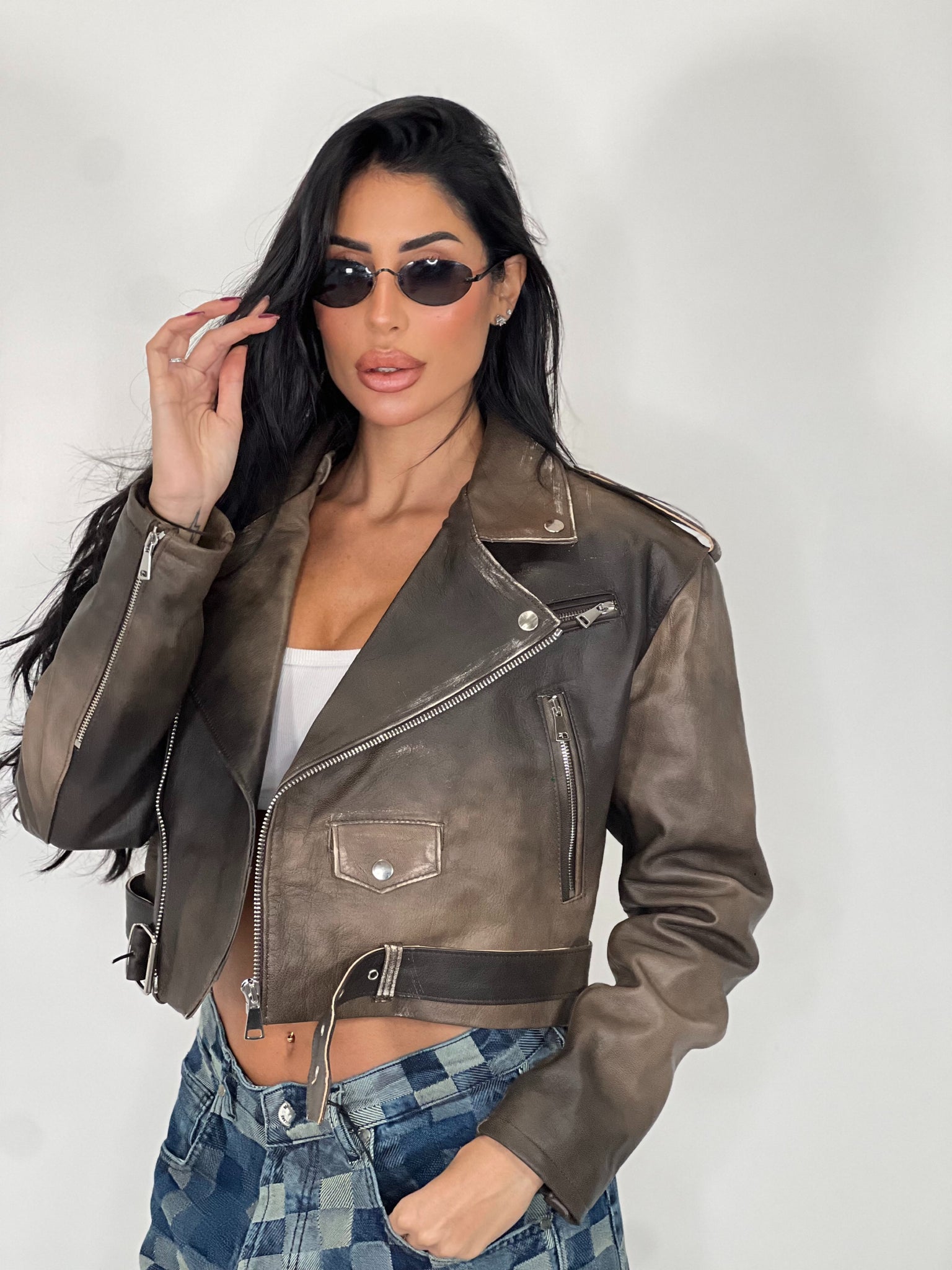 Chiodo in pelle Crop Fit marrone