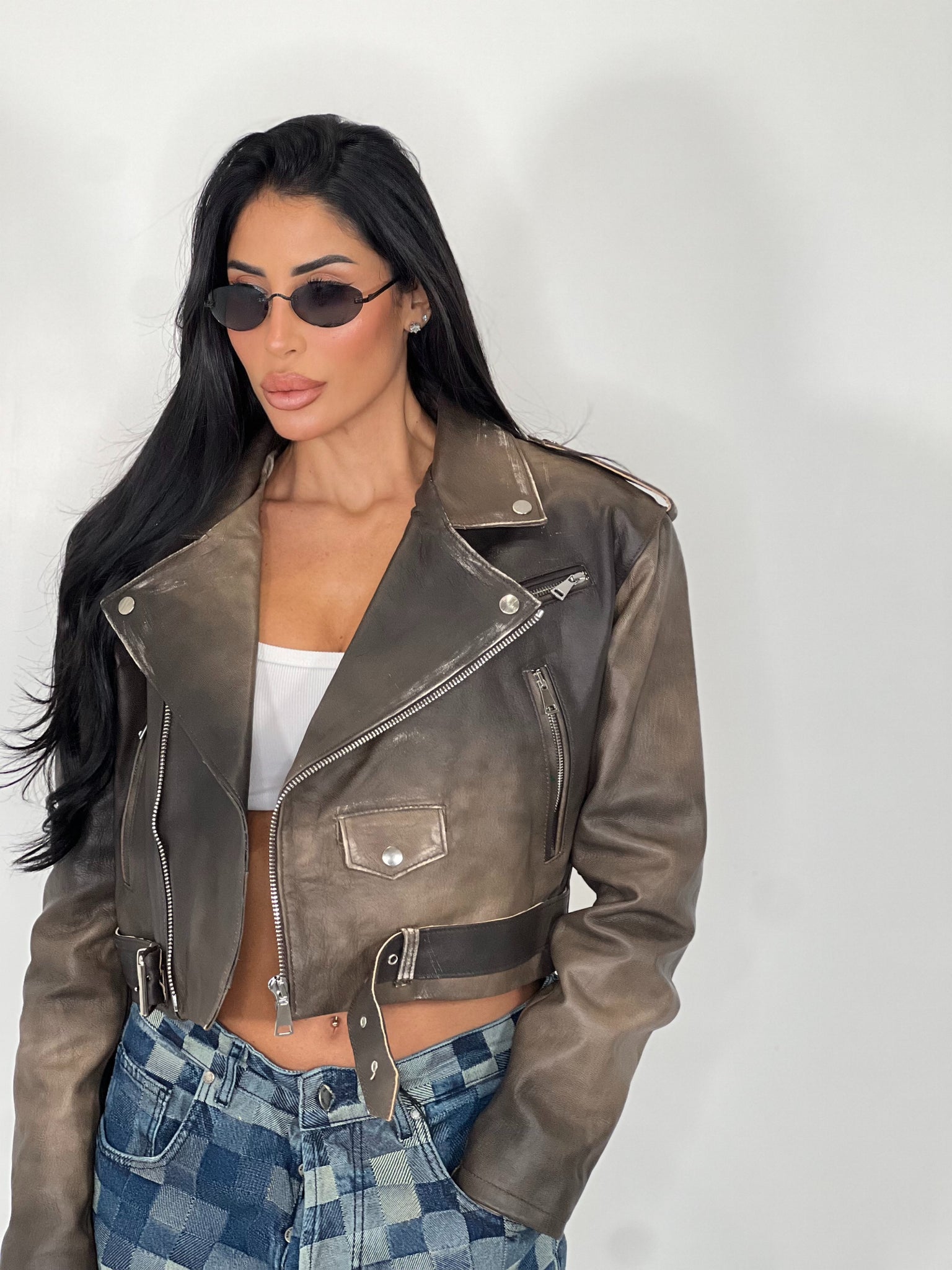 Chiodo in pelle Crop Fit marrone