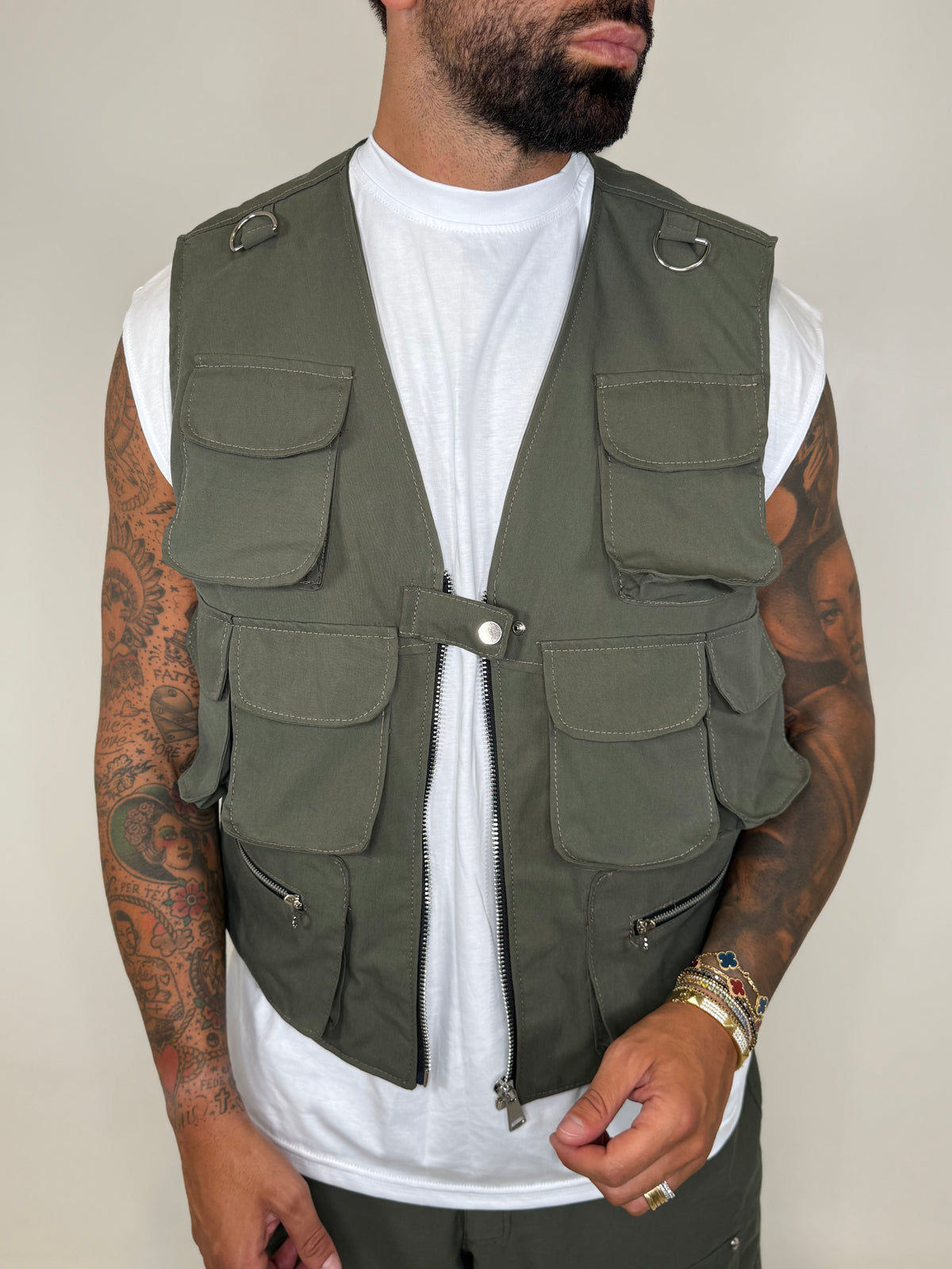 GILET MULTITASCHE COTONE VERDE - lab22shop