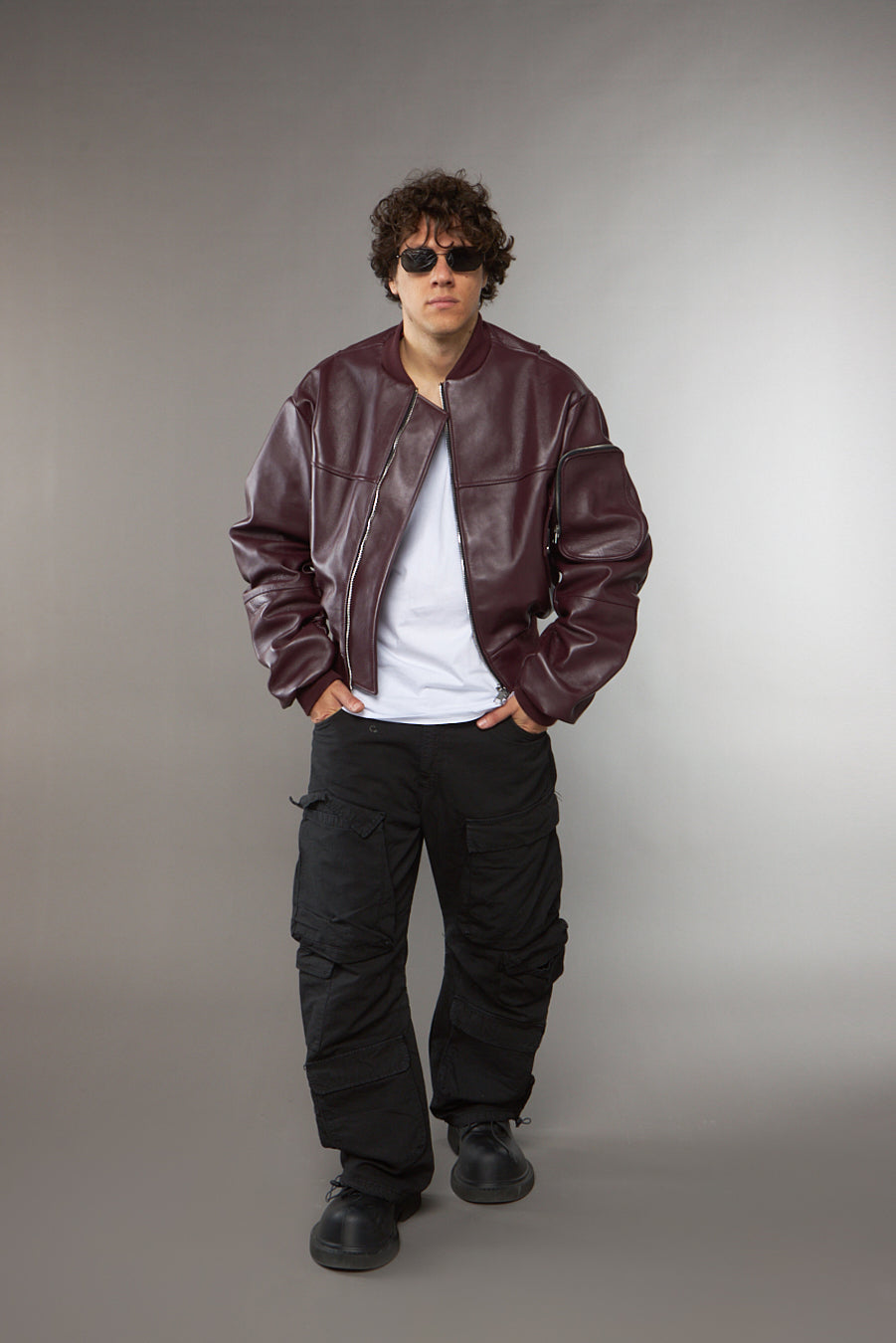 BOMBER OVERSIZE MANICA A RICCIO CROPPED PRUGNA - lab22shop