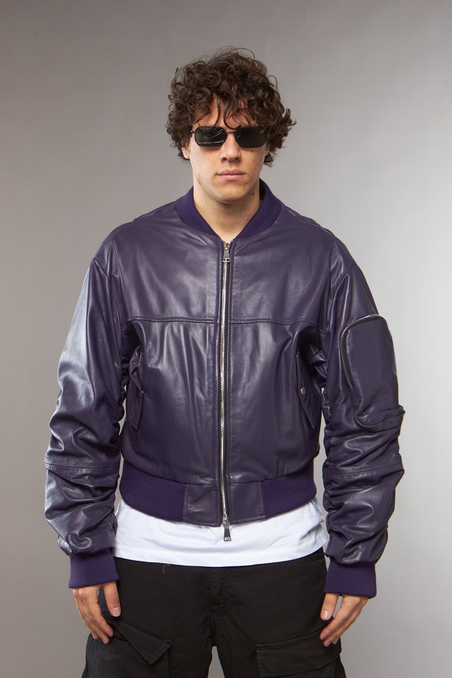 BOMBER OVERSIZE MANICA A RICCIO CROPPED COLOR MELANZANA - lab22shop