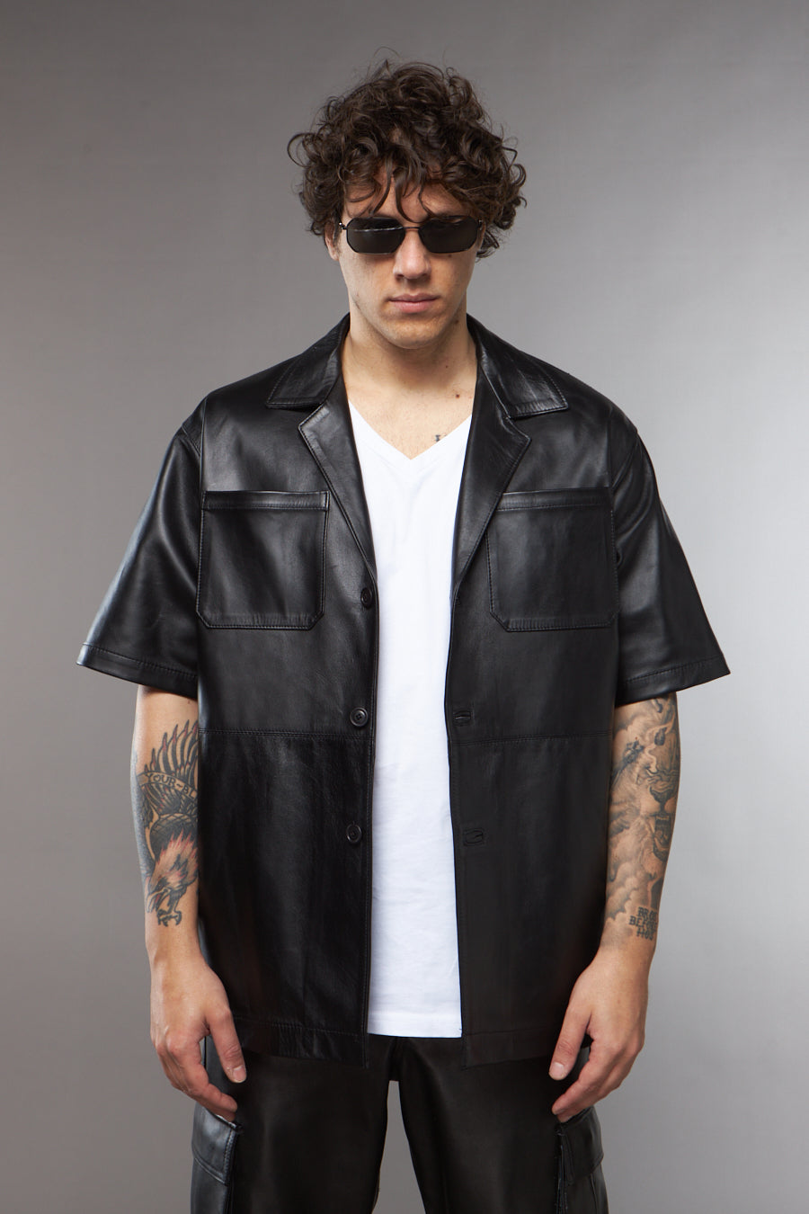 CAMICIA NERA IN PELLE MEZZA MANICA - lab22shop