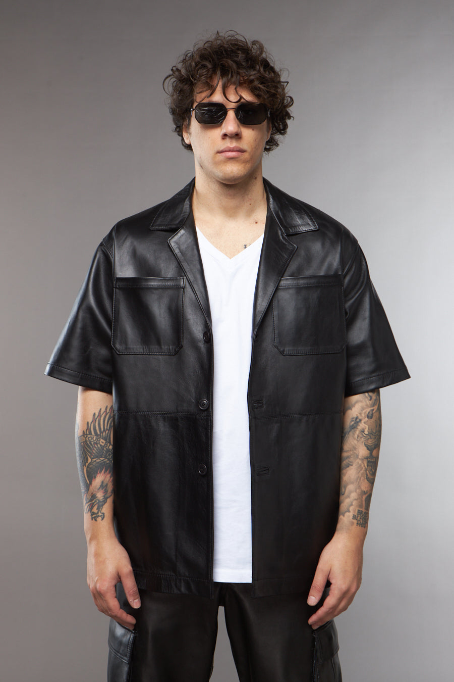 CAMICIA NERA IN PELLE MEZZA MANICA - lab22shop