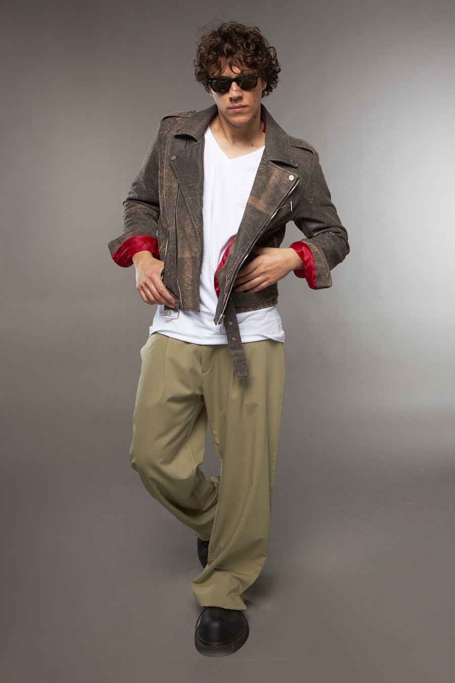 CHIODO CROPPED CON SOFFIETTO PELLE SCREPOLATA MARRONE - lab22shop
