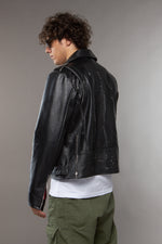 CHIODO CROPPED CON SOFFIETTO PELLE EFFETTO CONSUMATO NERO - lab22shop