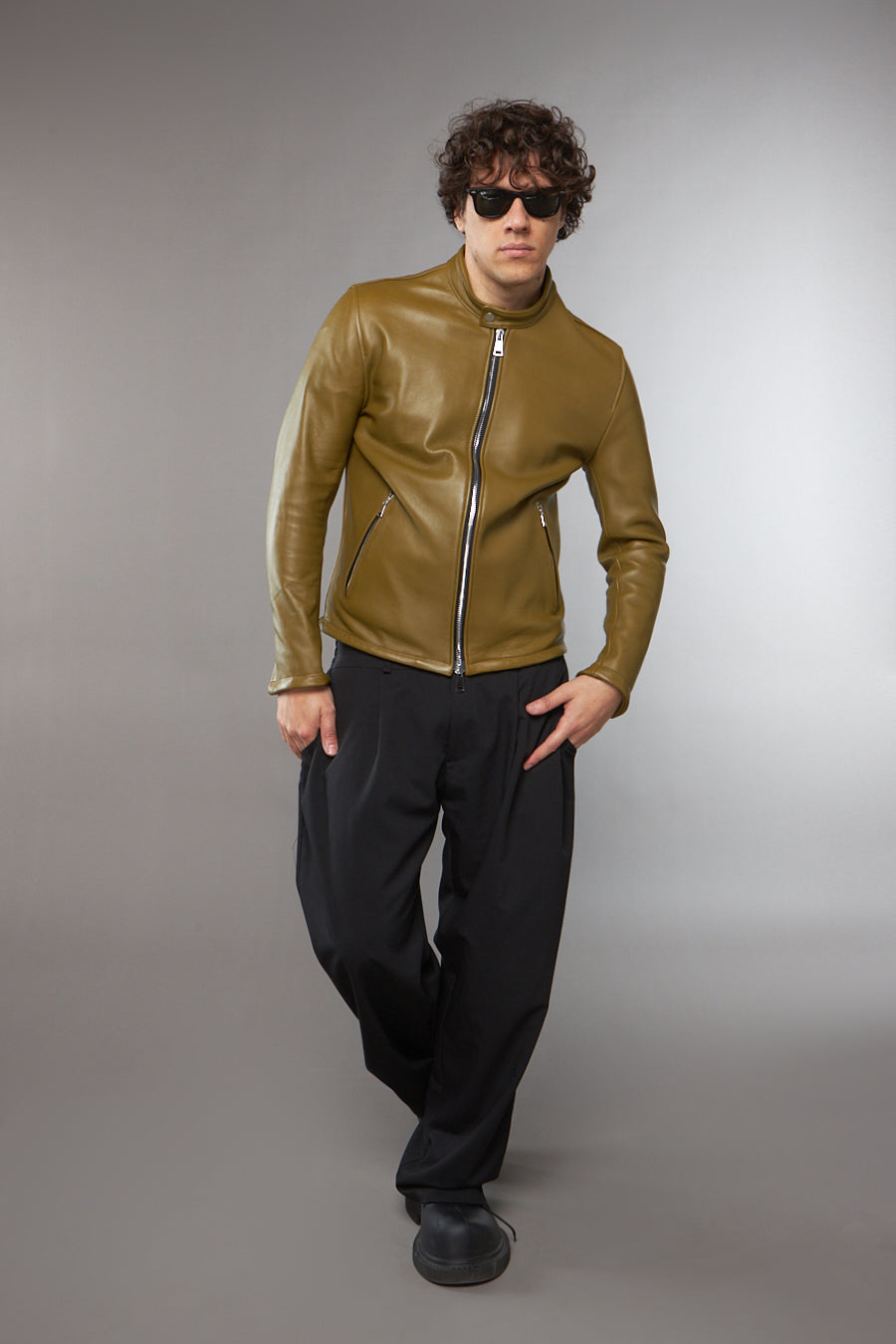 BLAZER IN PELLE VERDE OLIVA - lab22shop