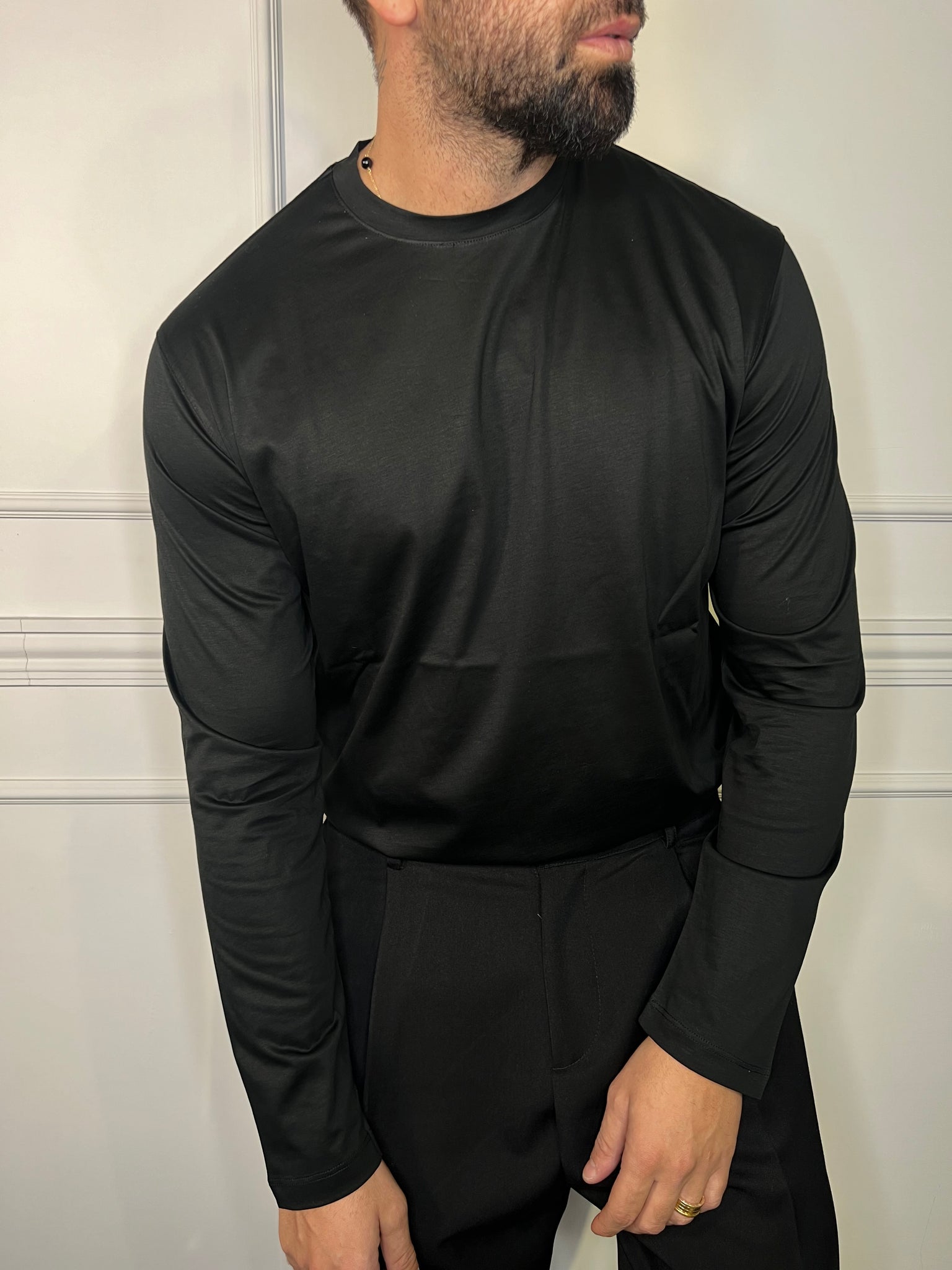 T-SHIRT FILO DI SCOZIA NERA MANICA LUNGA