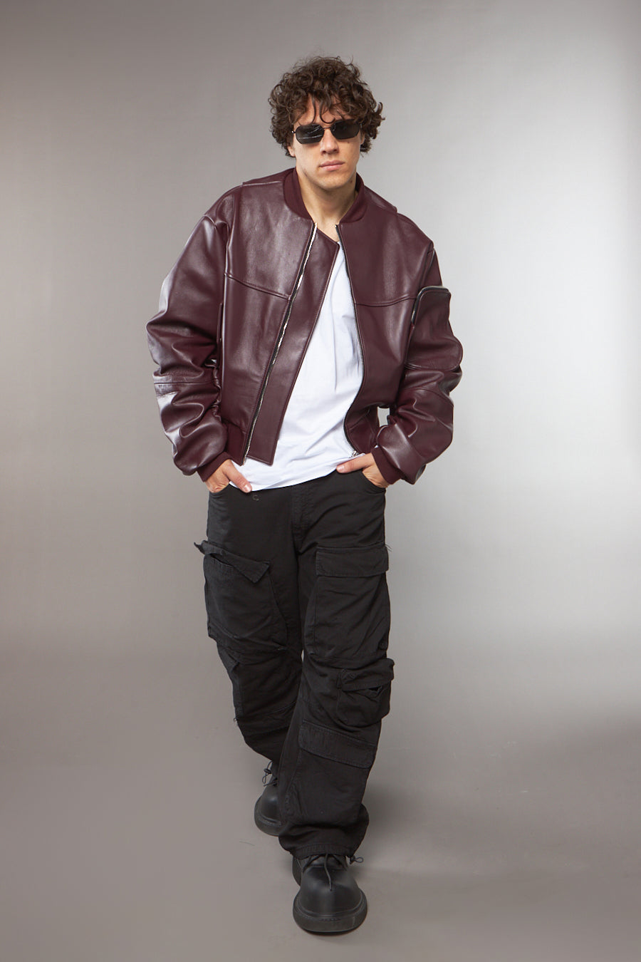 BOMBER OVERSIZE MANICA A RICCIO CROPPED PRUGNA - lab22shop
