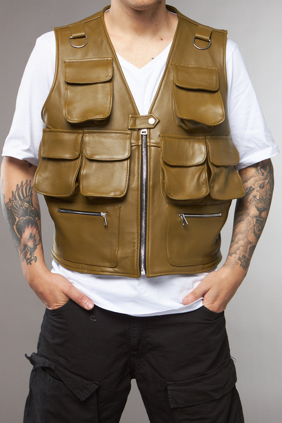 GILET MULTITASCHE VERDE OLIVA IN PELLE - lab22shop