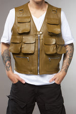 GILET MULTITASCHE VERDE OLIVA IN PELLE - lab22shop