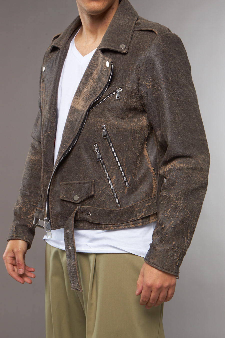 CHIODO CROPPED CON SOFFIETTO PELLE SCREPOLATA MARRONE - lab22shop