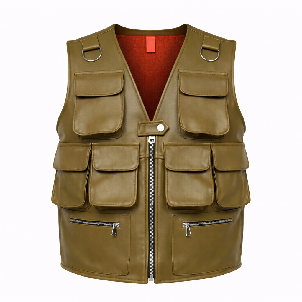 GILET MULTITASCHE VERDE OLIVA IN PELLE - lab22shop