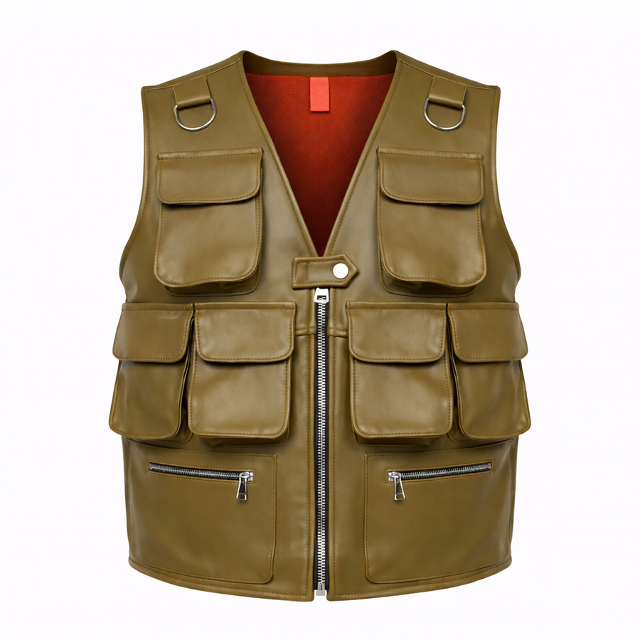 GILET MULTITASCHE VERDE OLIVA IN PELLE - lab22shop