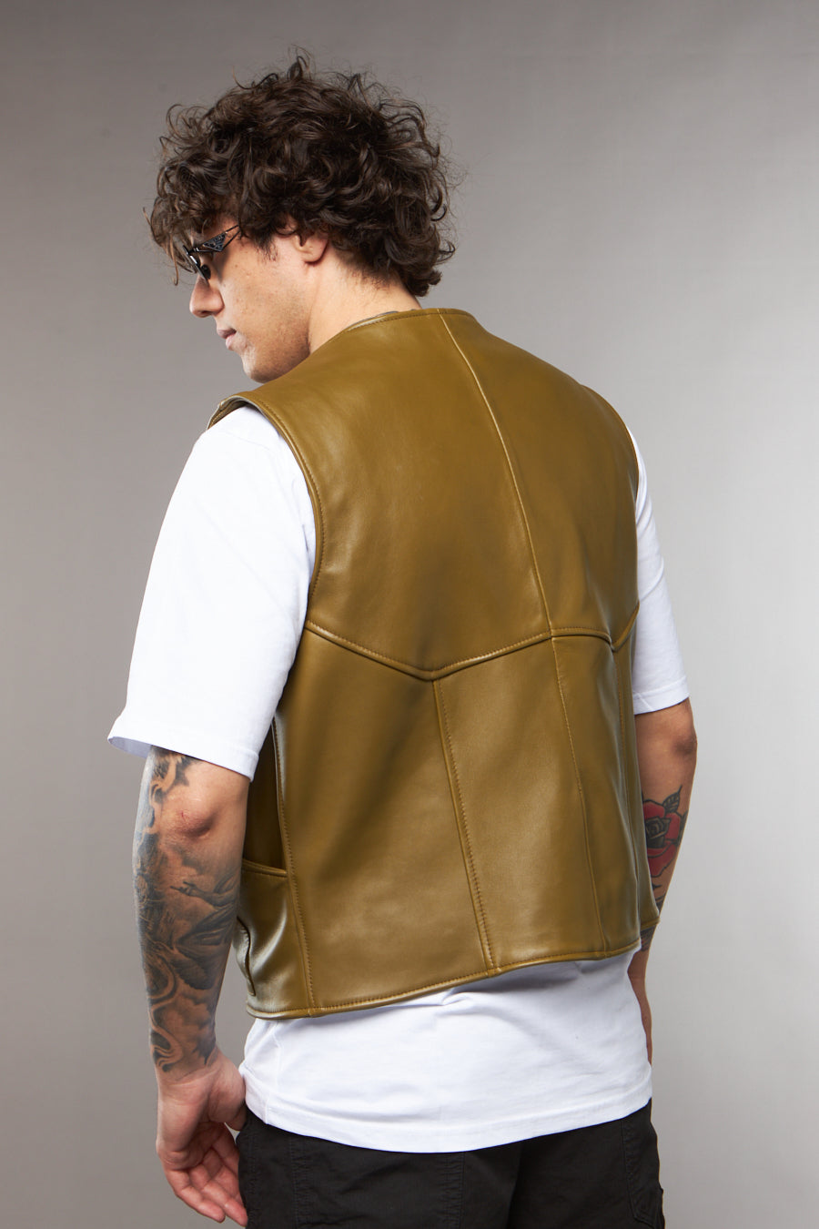 GILET MULTITASCHE VERDE OLIVA IN PELLE - lab22shop