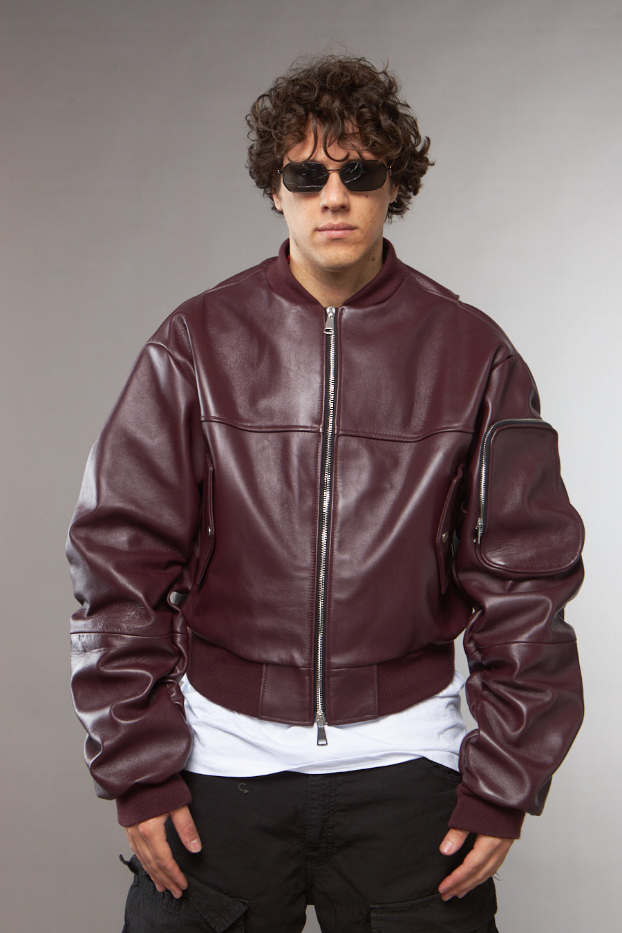 BOMBER OVERSIZE MANICA A RICCIO CROPPED PRUGNA - lab22shop