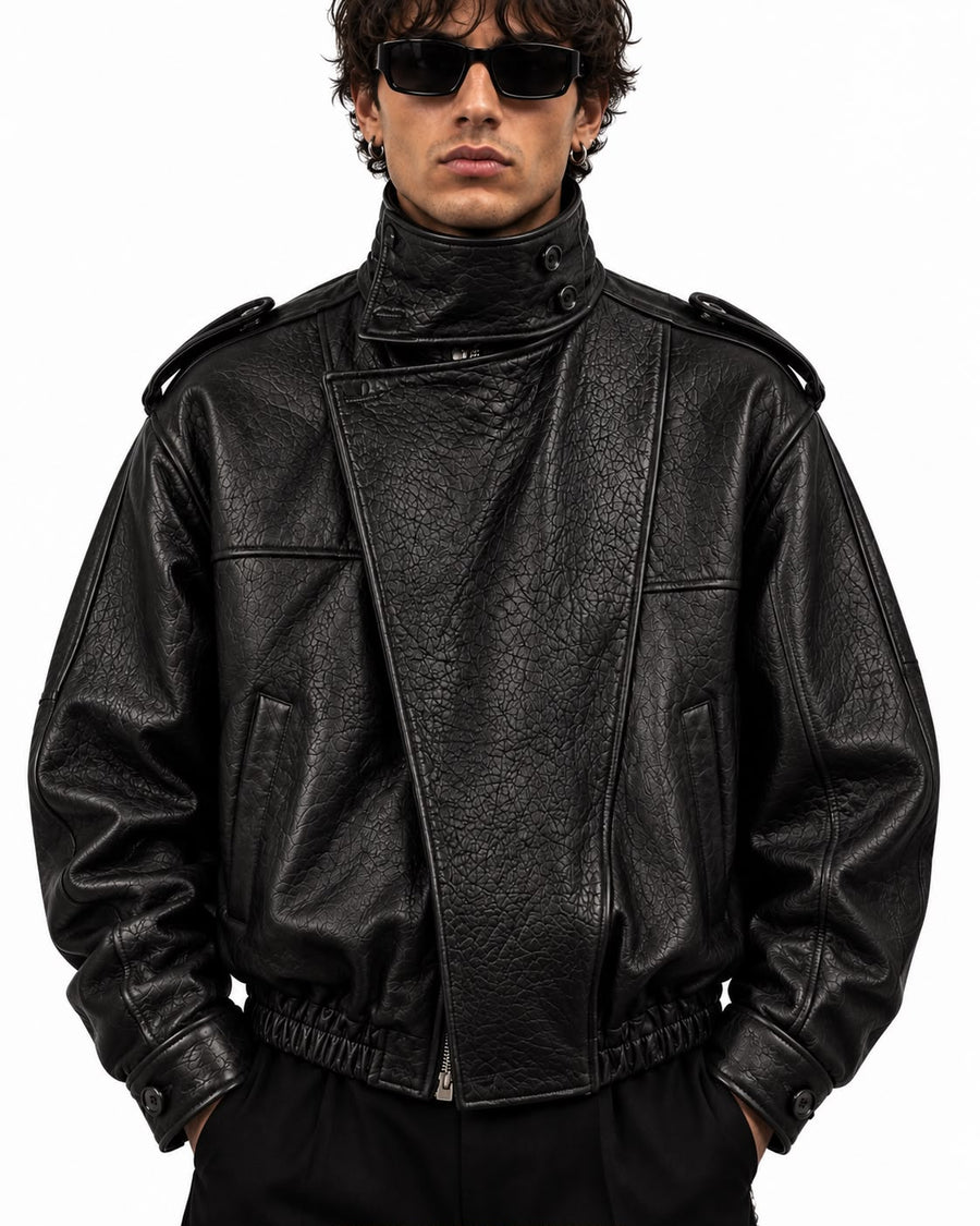 BIKER COLLO ALTO IN PELLE MARTELLATA
