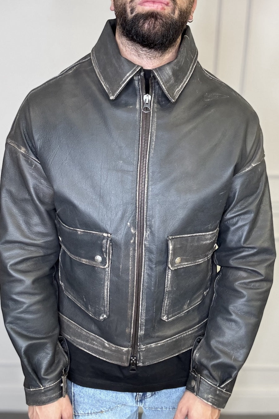 LEATHER CROPPED JACKET - lab22shop